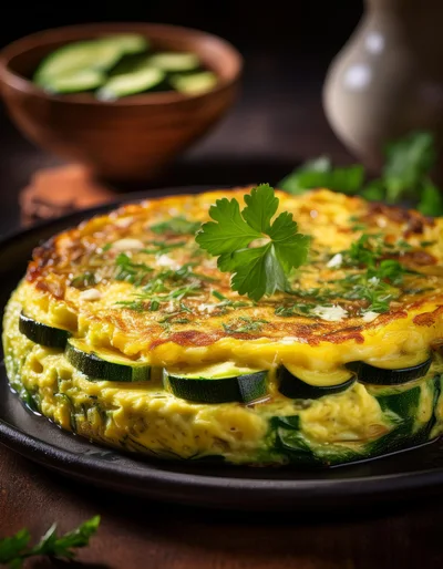 Fresh Zucchini Frittata On A Dark Plate