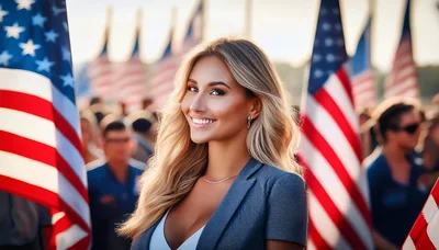 Professional Woman Smiling Before American Flags