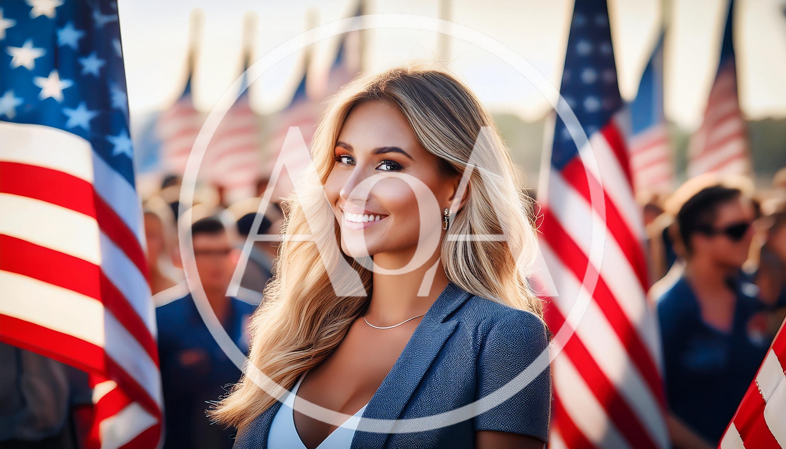 Professional Woman Smiling Before American Flags