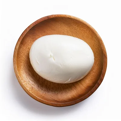 Fresh Mozzarella Ball In A Wooden Bowl