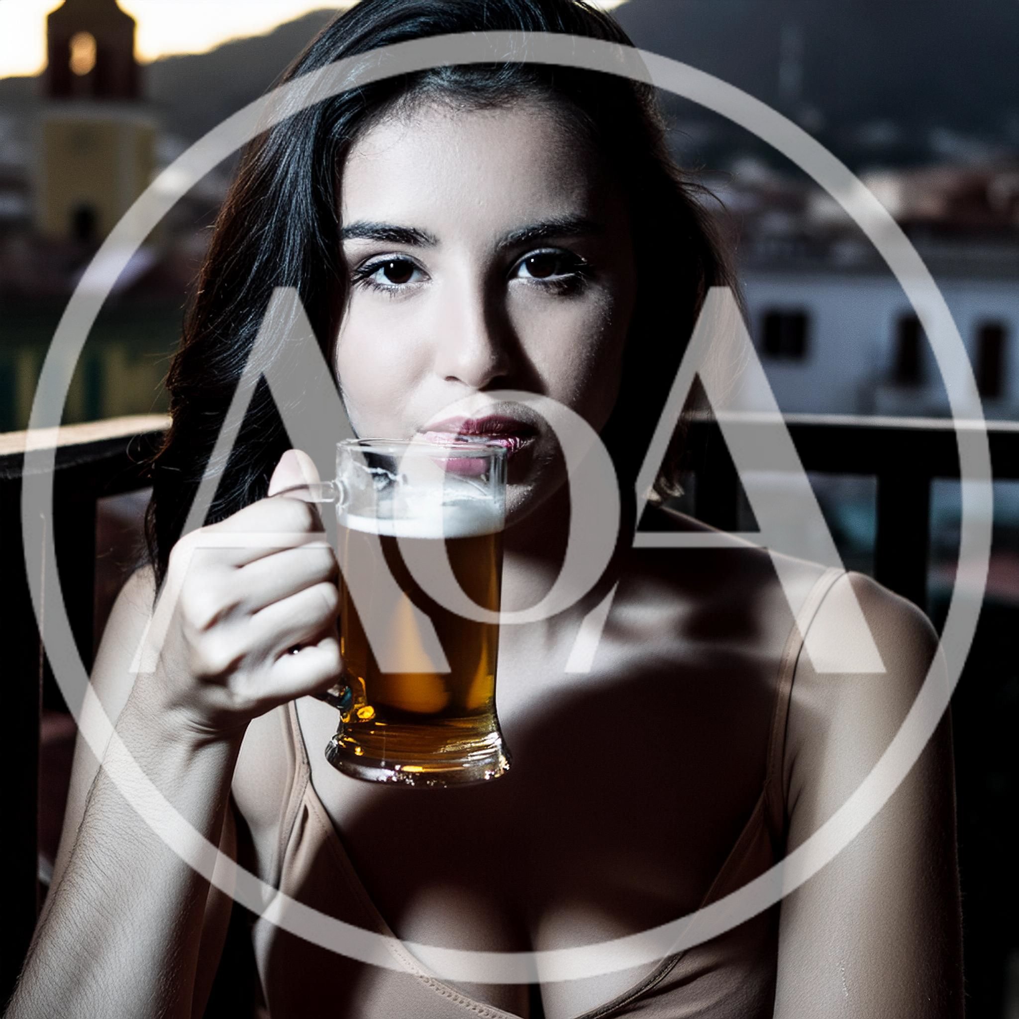Young Woman Drinking Beer on a Balcony at Sunset