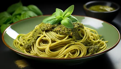 Spaghetti Pasta With Fresh Basil Pesto Sauce