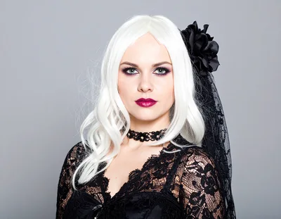 Gothic Woman With White Hair And Black Lace Veil