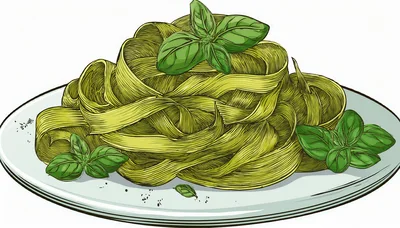 Hand Drawn Illustration Of Pesto Pasta On Plate