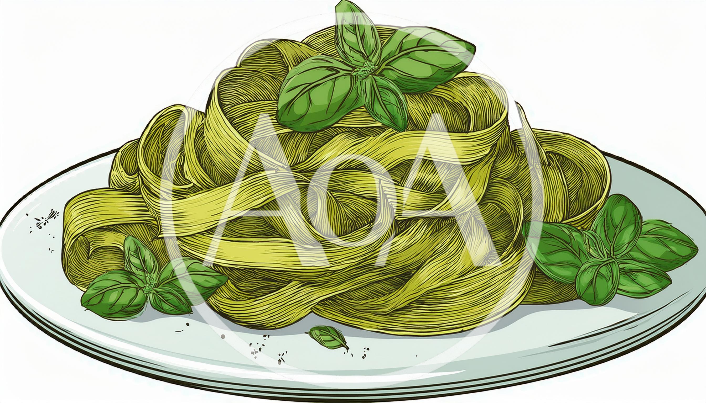 Hand Drawn Illustration Of Pesto Pasta On Plate