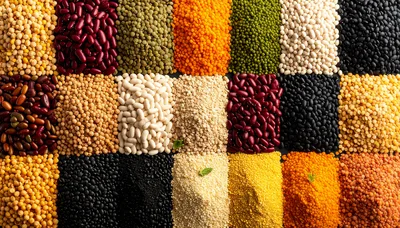 Assorted Dried Legumes and Grains Arranged in Rows