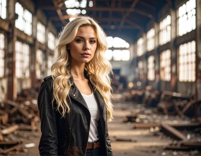 Blonde Woman Standing In An Abandoned Industrial Warehouse
