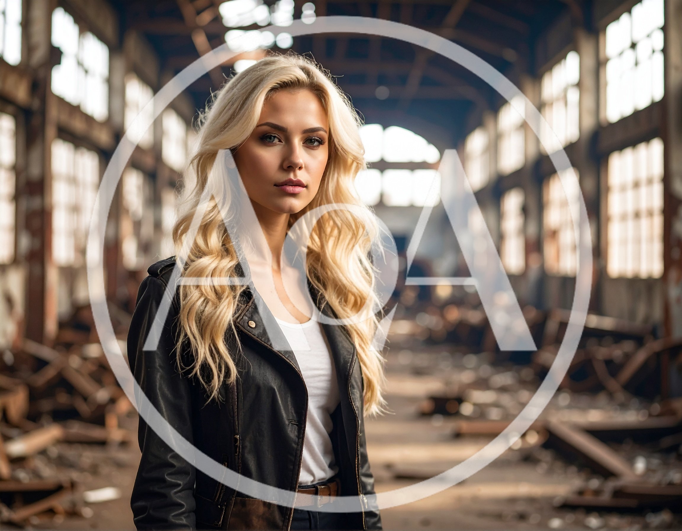 Blonde Woman Standing In An Abandoned Industrial Warehouse