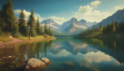 Serene Alpine Lake With Snow Capped Mountain Peaks