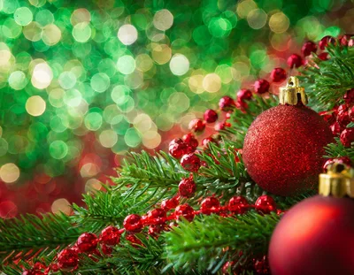 Red Christmas Ornaments on Pine Branches
