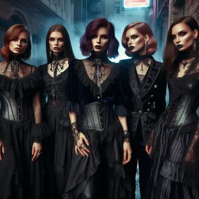 Group Of Gothic Women In Victorian Inspired Outfits