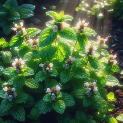 Fresh Mint Plant With Dew Drops In Sunlight