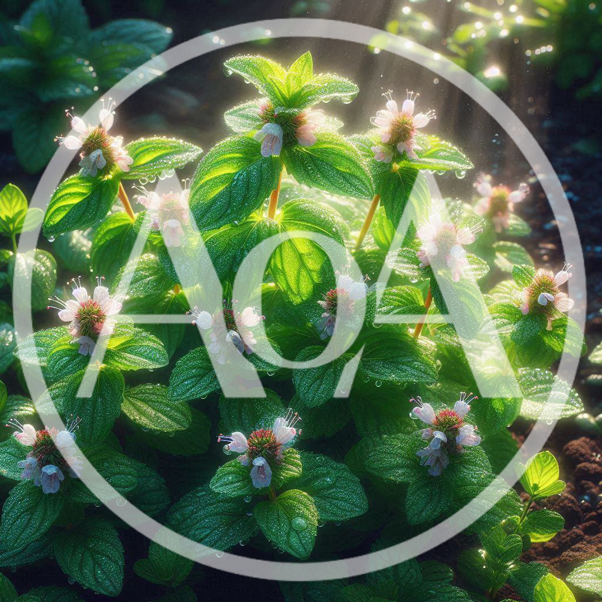 Fresh Mint Plant With Dew Drops In Sunlight