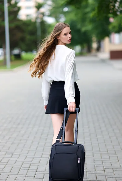 Young Woman Walking With Rolling Suitcase Outdoors