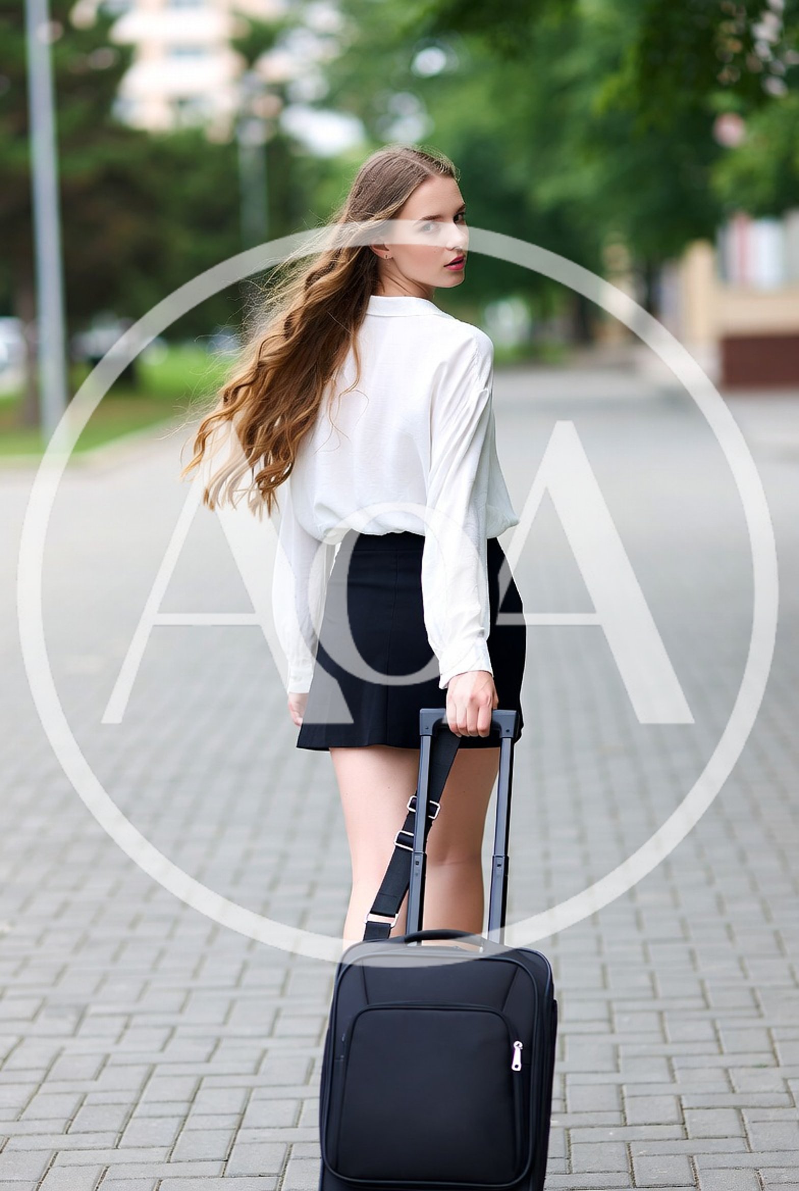 Young Woman Walking With Rolling Suitcase Outdoors