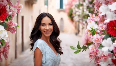 Beautiful Woman Smiling In A Floral Italian Street