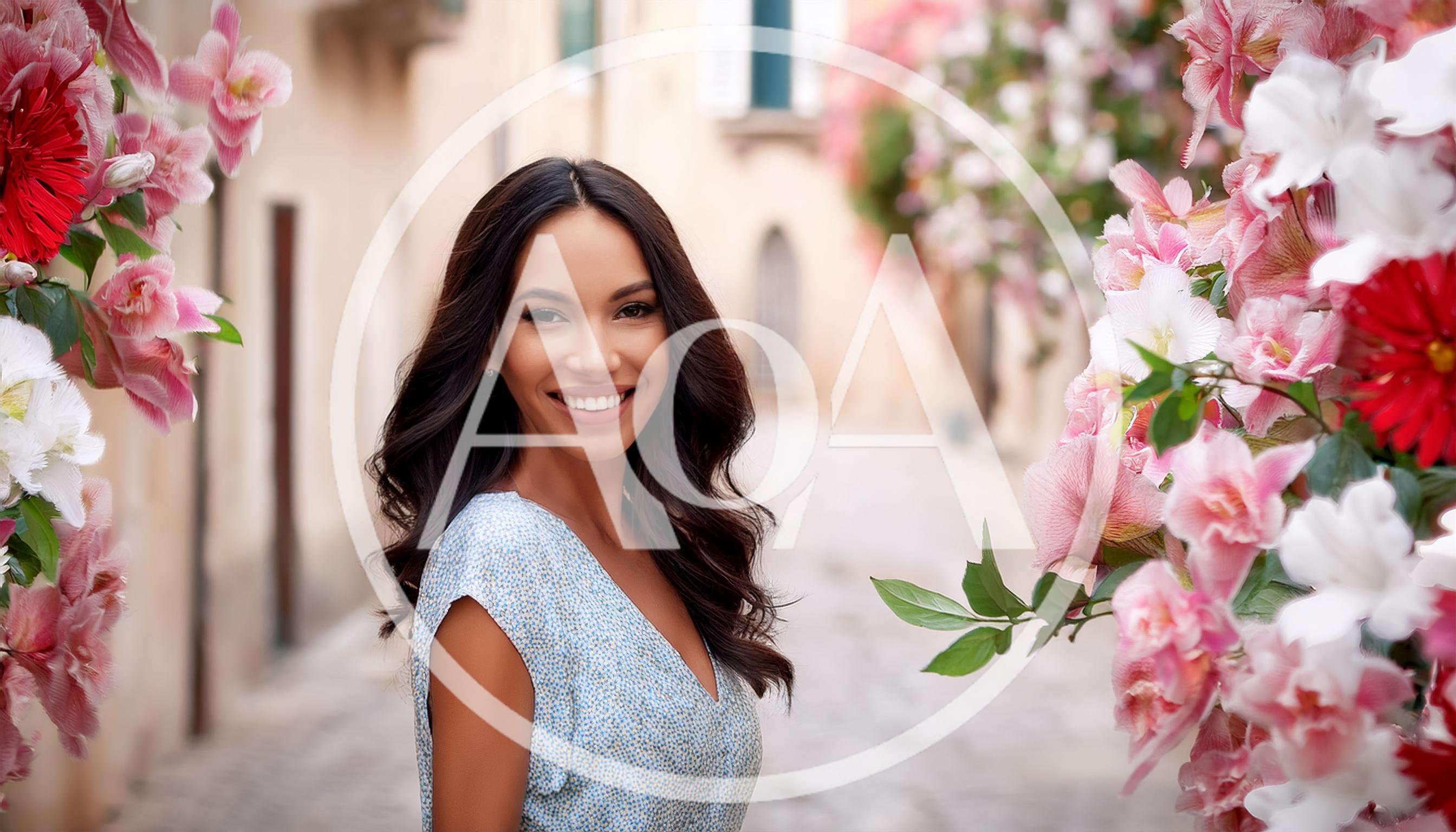 Beautiful Woman Smiling In A Floral Italian Street