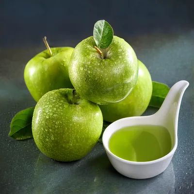 Fresh Green Apples With A Spoon Of Apple Juice