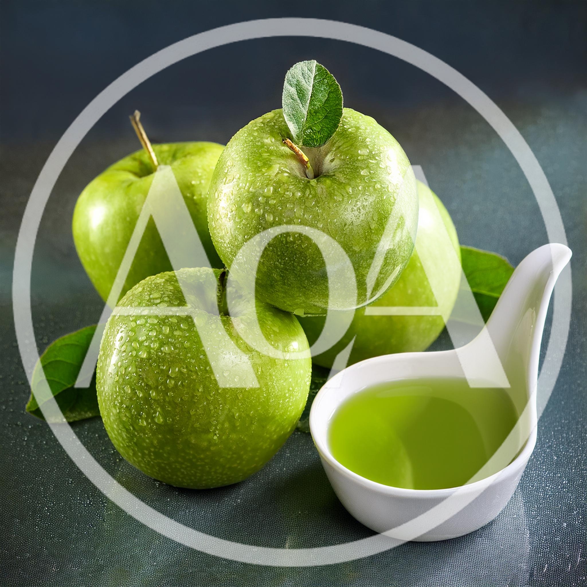 Fresh Green Apples With A Spoon Of Apple Juice