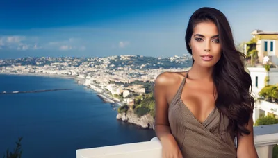 Beautiful Woman Posing On A Balcony Overlooking The Coast