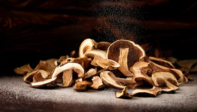 Dried Porcini Mushroom Slices With Falling Flour Dust