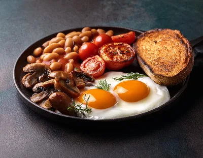 Full English Breakfast Served In A Cast Iron Skillet