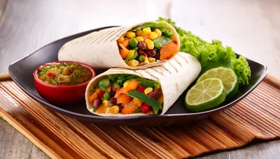 Two Fresh Vegetable Burritos Served With Salsa And Lime