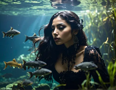 Mysterious Woman Underwater With Swimming Fish