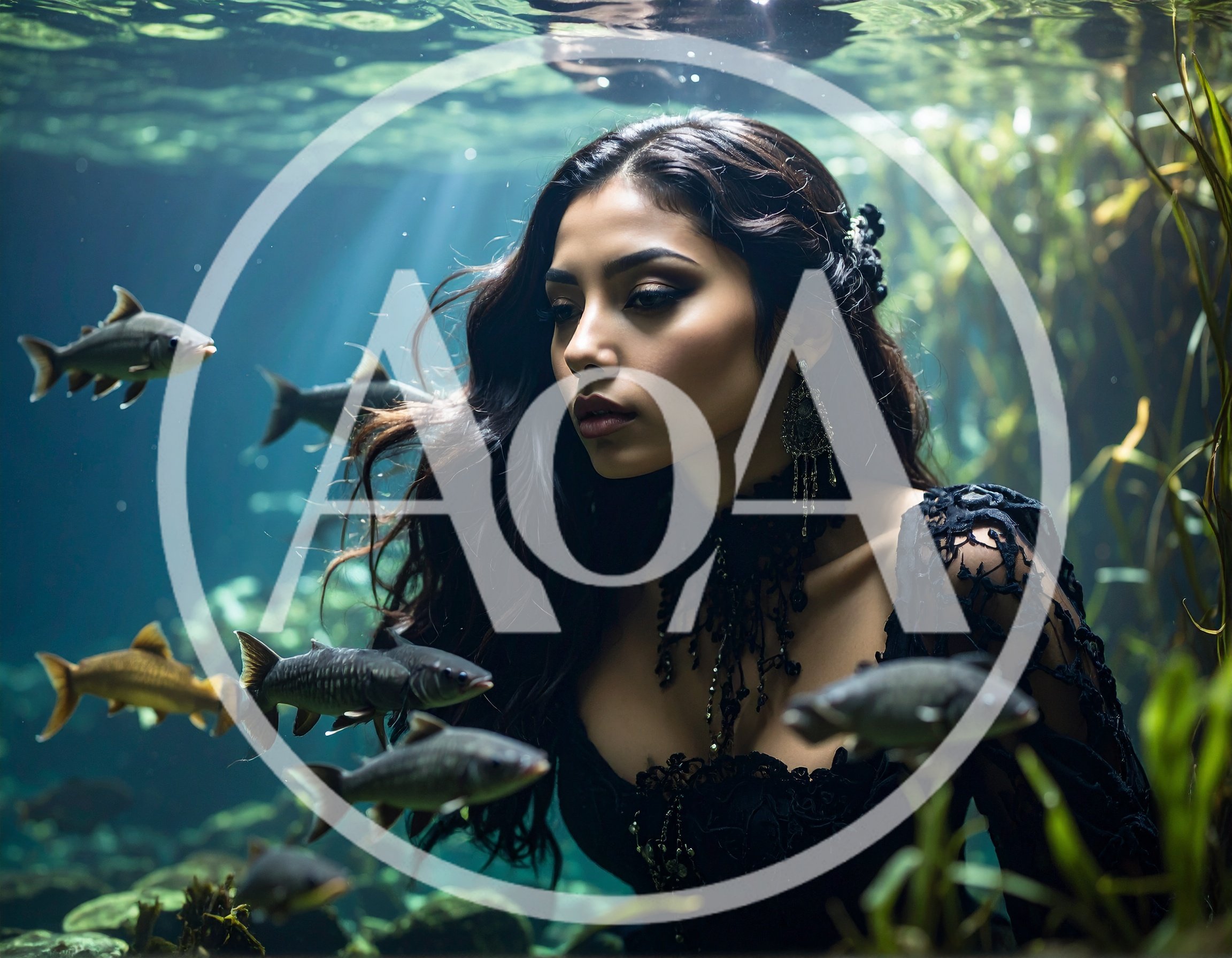 Mysterious Woman Underwater With Swimming Fish