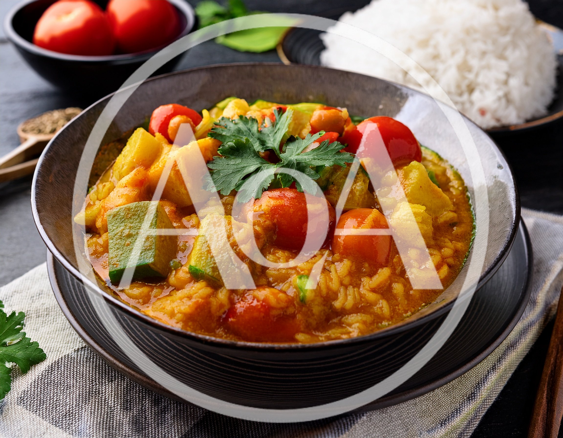 Bowl Of Vegetable Curry With Rice And Tomatoes