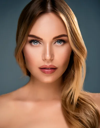 Portrait Of A Beautiful Blonde Woman With Blue Eyes