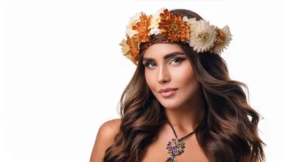 Beautiful Woman Wearing A Floral Crown And Necklace