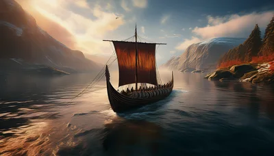 Viking Longship Sailing Through A Misty Nordic Fjord