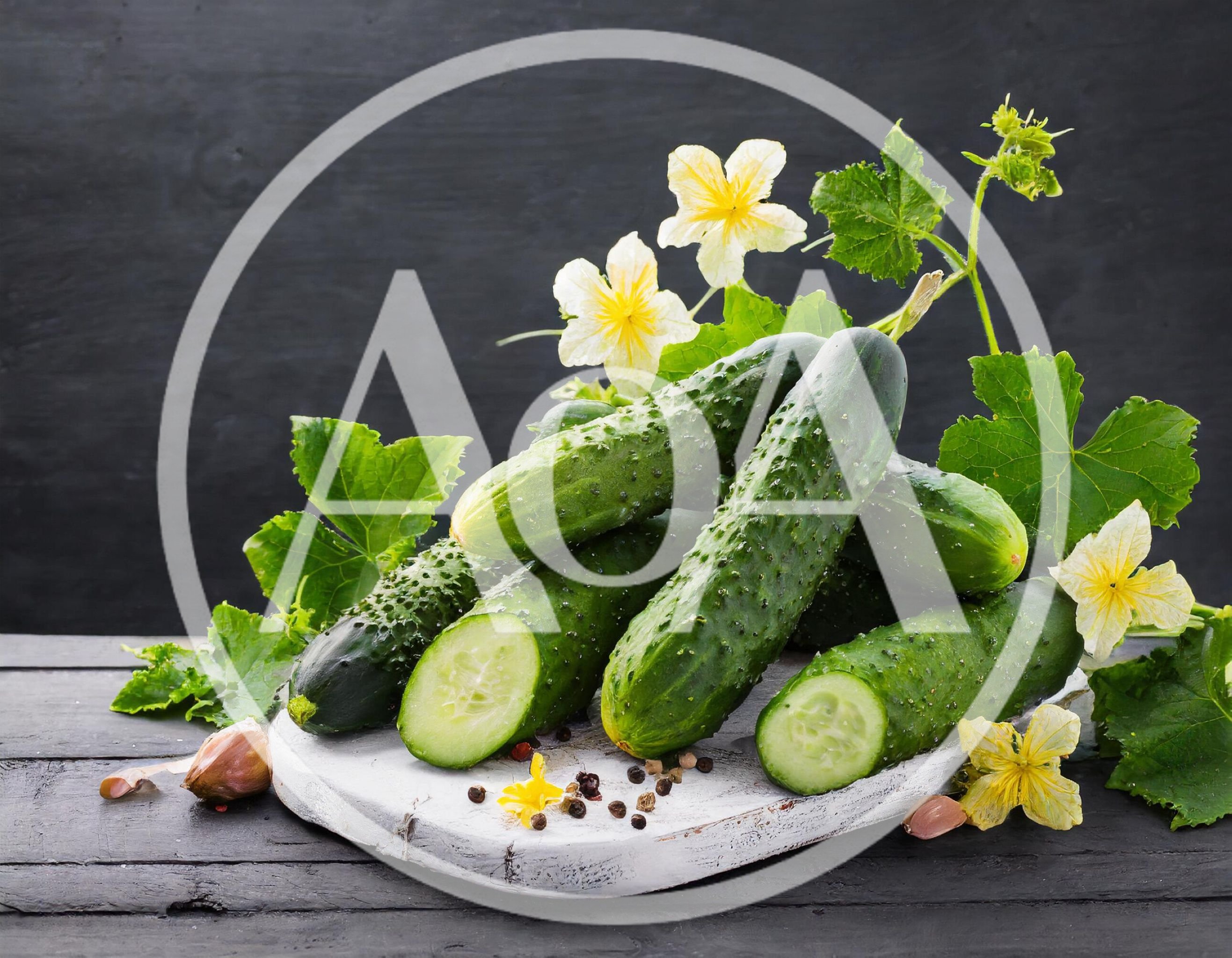 Fresh Cucumbers With Flowers On A Wooden Board
