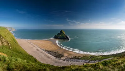 Panoramic View Of Bedruthan Steps Beach In Cornwall