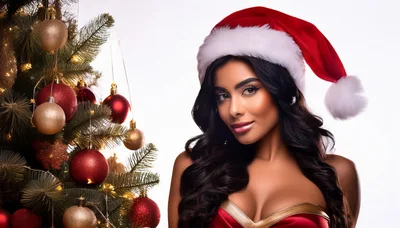 Beautiful Woman Wearing Santa Hat Beside Christmas Tree