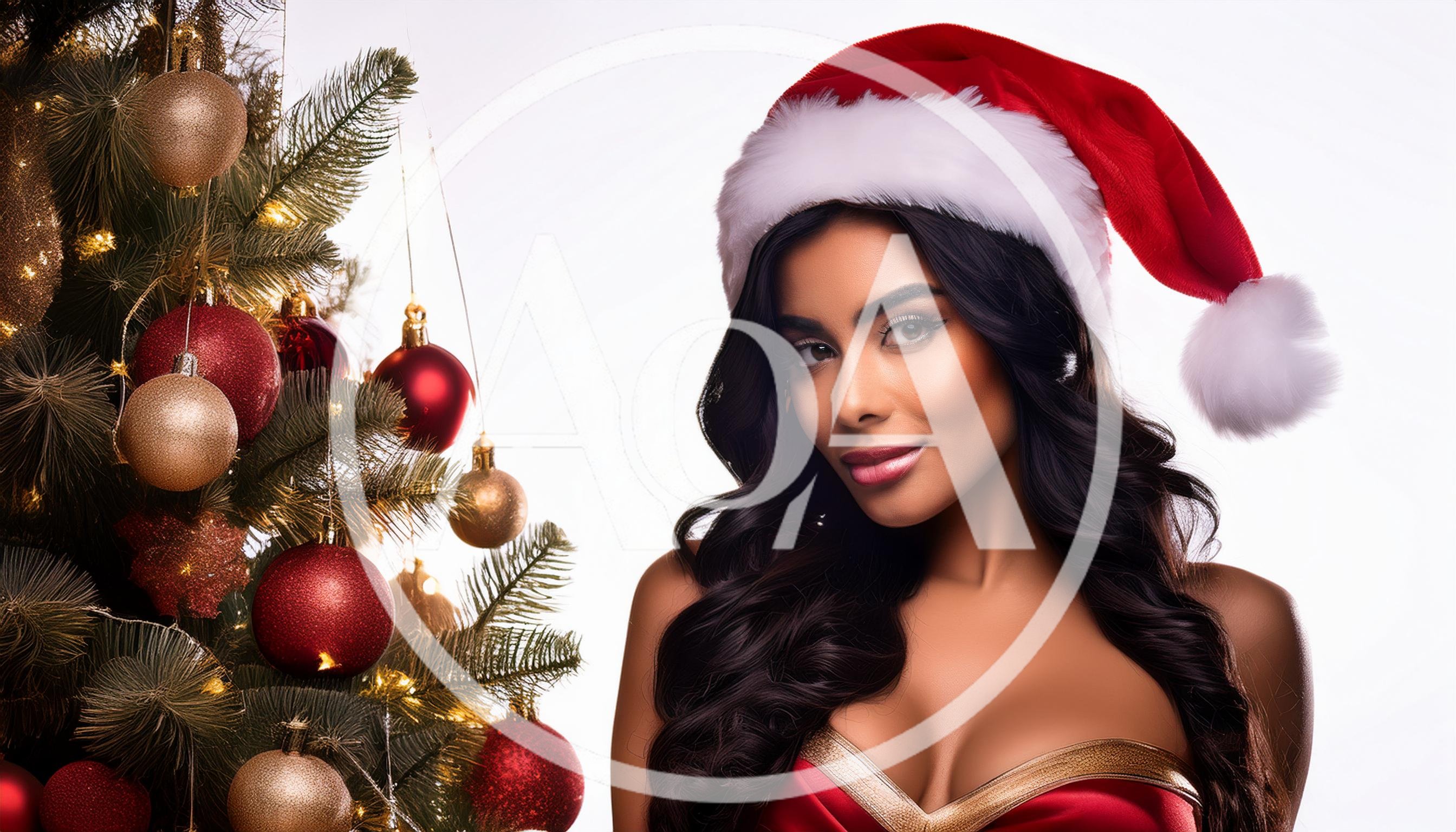 Beautiful Woman Wearing Santa Hat Beside Christmas Tree