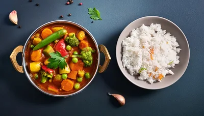 Vegetable Curry With Steamed Rice In A Bowl