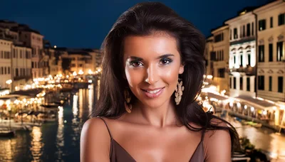 Portrait Of A Beautiful Woman In Venice At Night