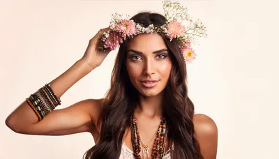 Beautiful Woman Wearing A Floral Crown And Boho Jewelry