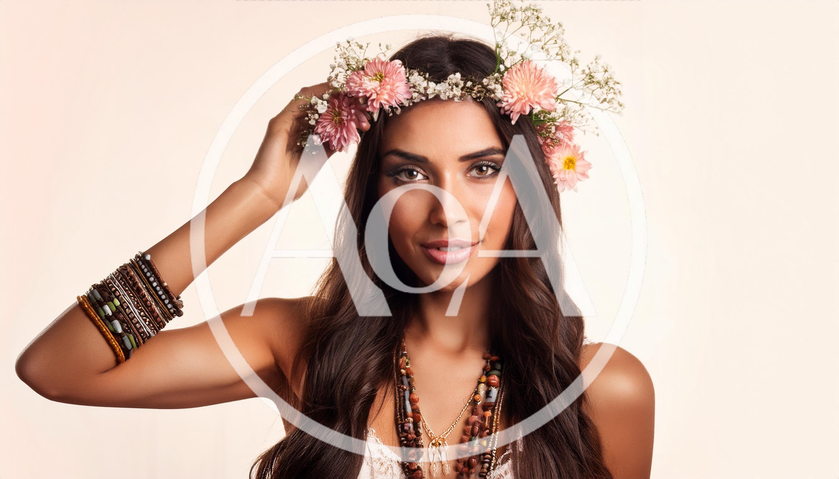 Beautiful Woman Wearing A Floral Crown And Boho Jewelry