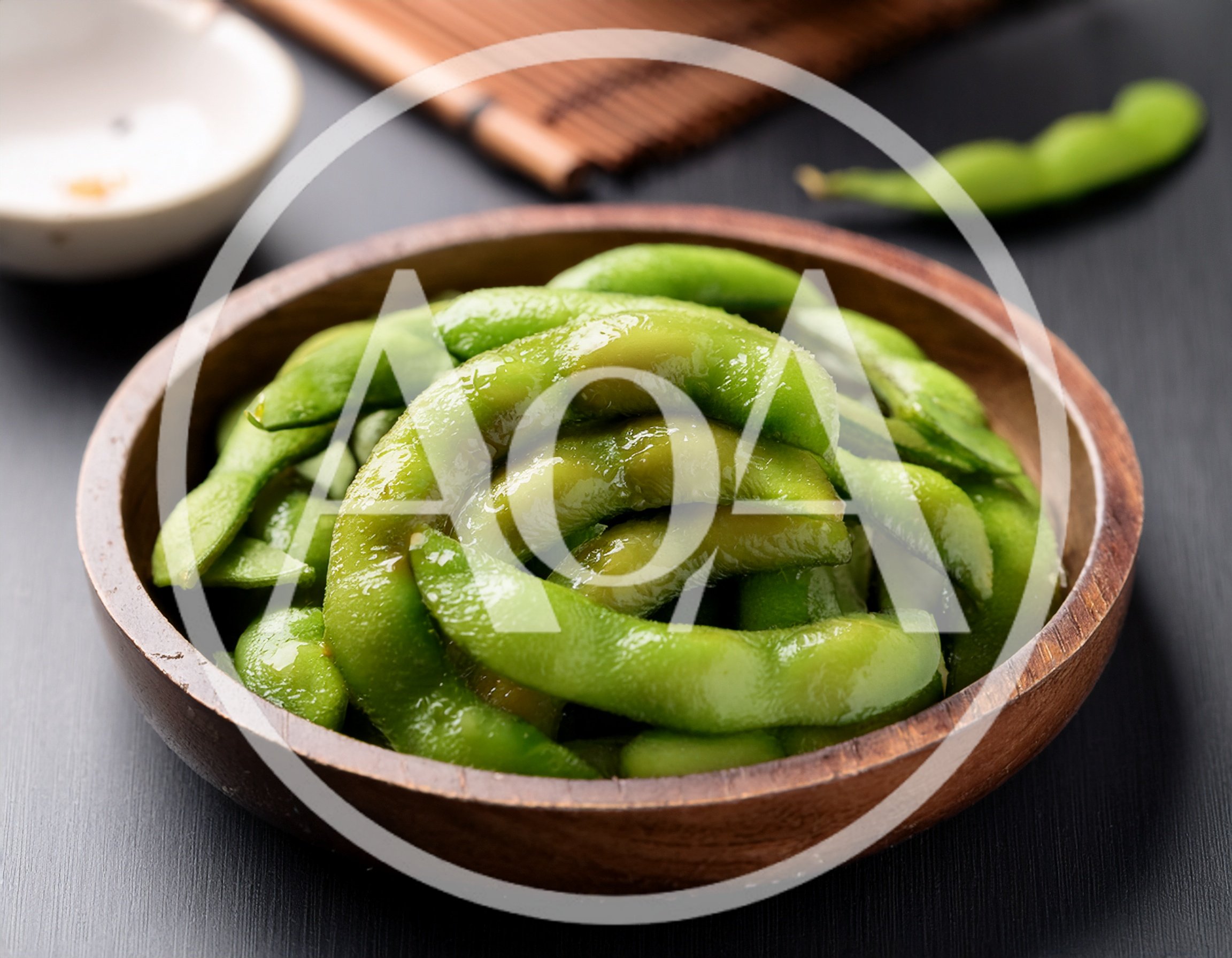 Fresh Steamed Edamame Beans In A Wooden Bowl