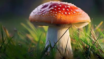 Amanita Muscaria Mushroom Growing In Green Grass