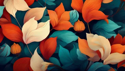 Abstract Floral Pattern With Vibrant Orange And Teal Leaves