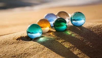 Colorful Glass Marbles Resting On Sandy Beach Dune
