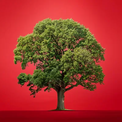 Large Deciduous Oak Tree Against Solid Red Background