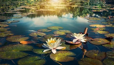 White Water Lilies Blooming on a Calm Pond