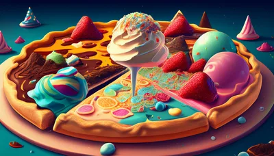 Surreal Dessert Pizza With Ice Cream And Fruit Toppings