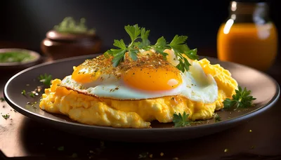 Fried Eggs Served Over Creamy Scrambled Eggs