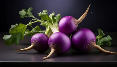 Fresh Purple Turnips With Green Leaves On Dark Surface